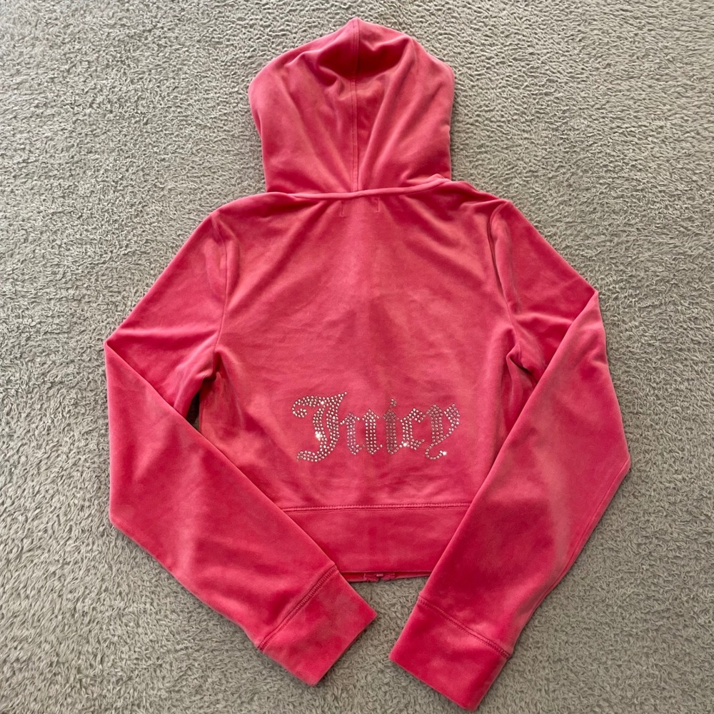 Juicy Couture Velour Hoodie Womens Small Hot Pink Cropped Rhinestone Full Zip